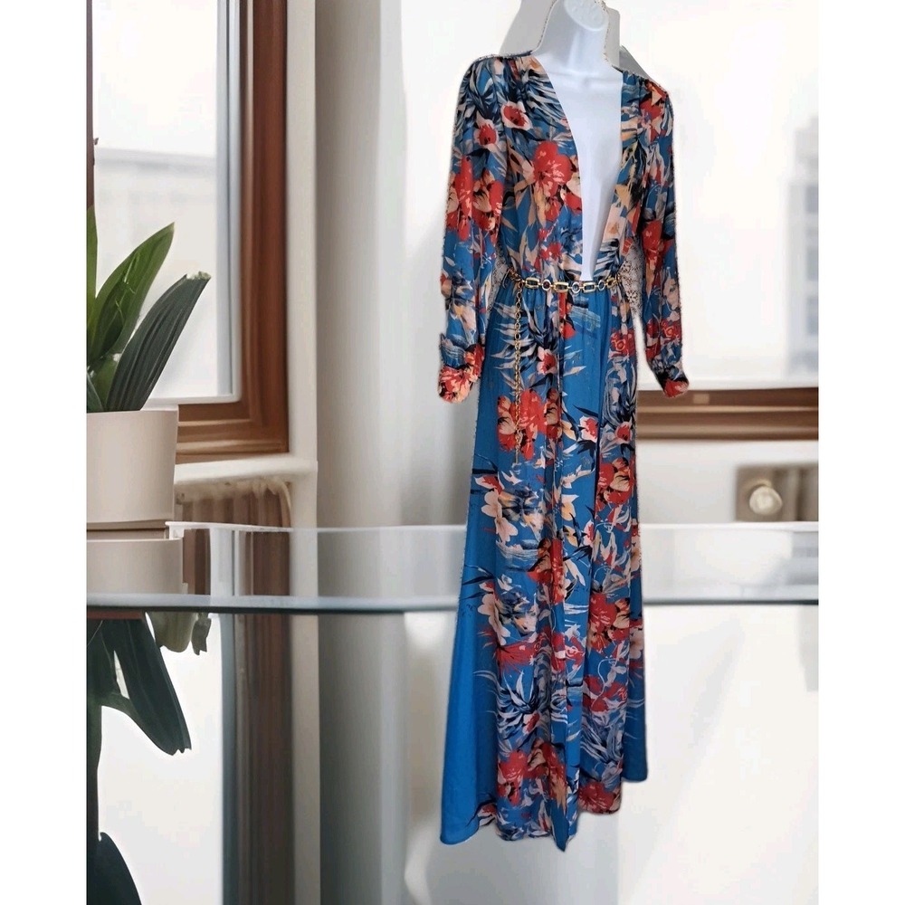 Miss Ord Maxi Dress Cover Up XS Blue Floral Deep V Neck High Slit Chain Belt NWT